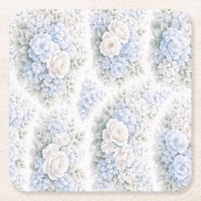 Posavasos Cuadrado De Papel Patrón Floral Elegante de Acuarela con Azul Suave  (Anverso)