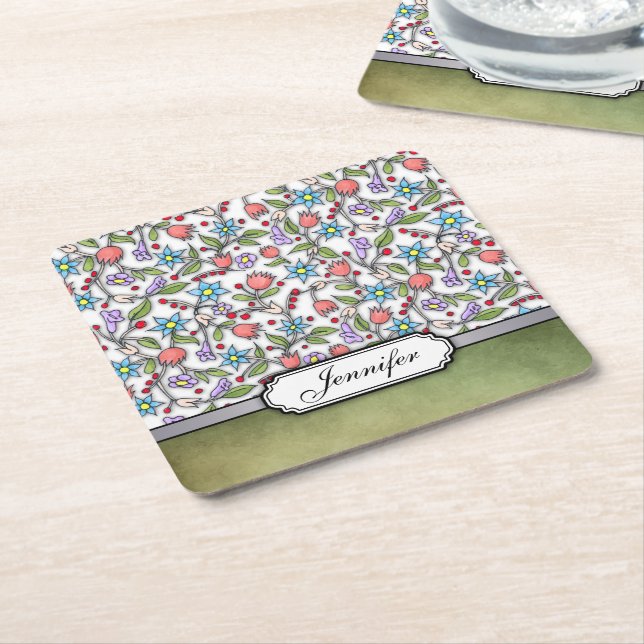 Posavasos Cuadrado De Papel Patrón floral giratorio :: Personalizable (En perspectiva)