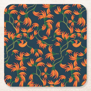 Posavasos Cuadrado De Papel Patrón floral naranja fluido