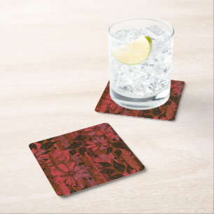 Posavasos Cuadrado De Papel Patrón floral negro y rojo.