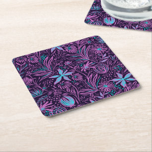 Posavasos Cuadrado De Papel Patrón floral neón moderno púrpura