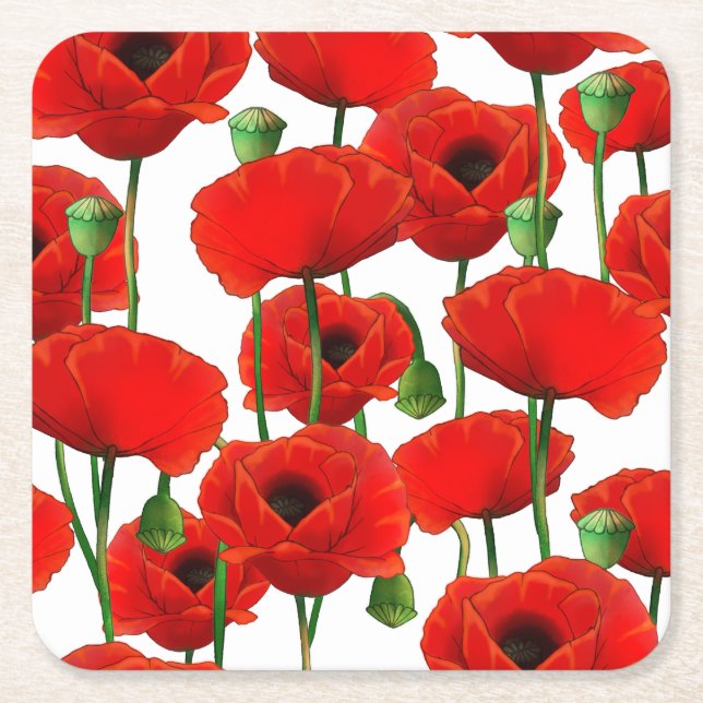 Posavasos Cuadrado De Papel Patrón floral Red Poppies (Anverso)