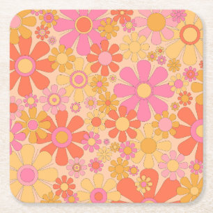 Posavasos Cuadrado De Papel Patrón floral retro flores de los 60 y 70