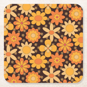 Posavasos Cuadrado De Papel Patrón floral retro groovy amarillo y naranja  