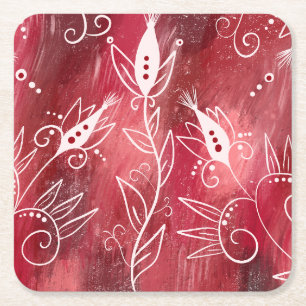 Posavasos Cuadrado De Papel Patrón floral rojo y blanco
