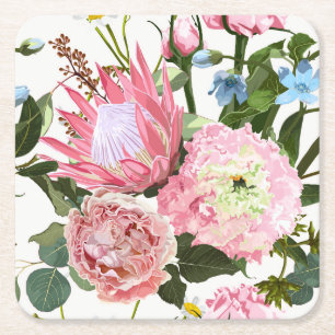 Posavasos Cuadrado De Papel Patrón floral tropical con flores rosadas.