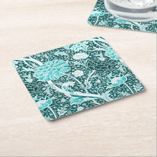 Posavasos Cuadrado De Papel Patrón floral turquesa de William Morris