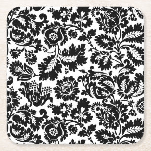 Posavasos Cuadrado De Papel Patrón floral veneciano en negro y blanco de Willi