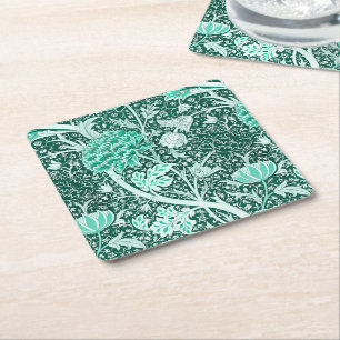 Posavasos Cuadrado De Papel Patrón floral verde esmeralda de William Morris