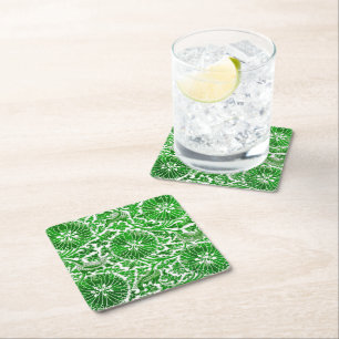 Posavasos Cuadrado De Papel Patrón floral verde y blanco