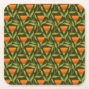 Posavasos Cuadrado De Papel Patrón floral vintage con tulipanes naranjas