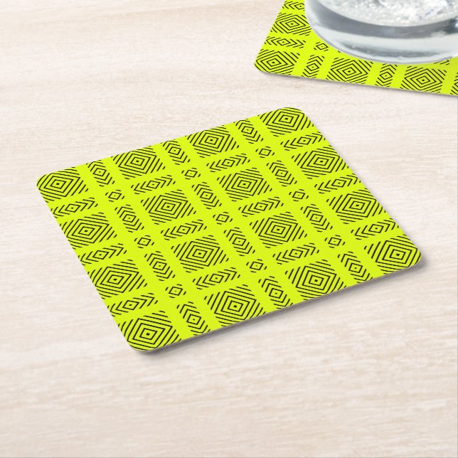 Posavasos Cuadrado De Papel Patrón geométrico amarillo limón (En perspectiva)