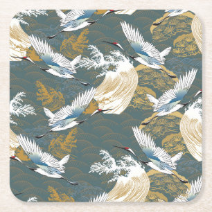 Posavasos Cuadrado De Papel Patrón japonés de aves de gránulas vintage