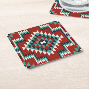 Posavasos Cuadrado De Papel Patrón kilim oriental verde rojo blanco negro