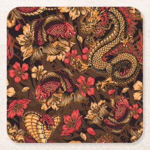Posavasos Cuadrado De Papel Patrón koi del dragón japonés.