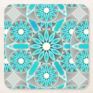 Posavasos Cuadrado De Papel Patrón Mandala, turquesa, gris plateado y blanco