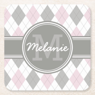 Posavasos Cuadrado De Papel Patrón monogramado de arglos rosa y gris