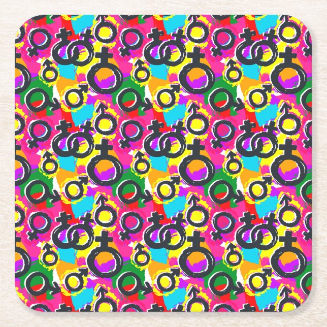 Posavasos Cuadrado De Papel Patrón neón de género del orgullo gay (Anverso)