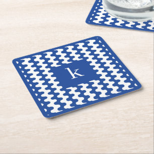 Posavasos Cuadrado De Papel Patrón Ondulado Azul Cobalto Monograma Audaz