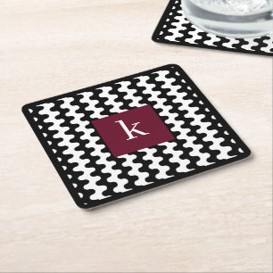 Posavasos Cuadrado De Papel Patrón Ondulado Negro Blanco Burdeos Negrita Monog