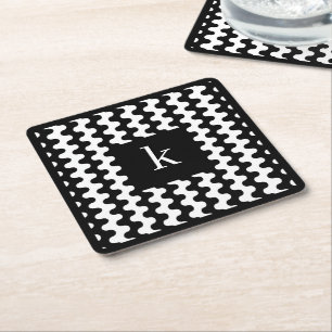 Posavasos Cuadrado De Papel Patrón Ondulado Negro Blanco Negrita Monograma
