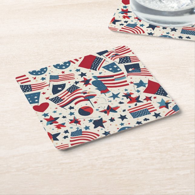 Posavasos Cuadrado De Papel Patrón patriótico estadounidense en blanco (En perspectiva)