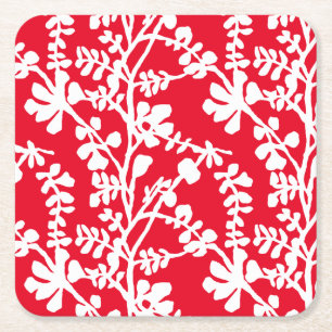 Posavasos Cuadrado De Papel Patrón Repetidor Floral Rojo Y Blanco