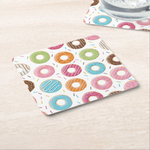 Posavasos Cuadrado De Papel Patrón Retro Colorido de Donas Minimalista Fiesta