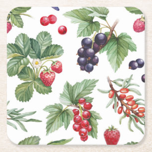 Posavasos Cuadrado De Papel Patrón sin problemas de color de agua Berries Ilus