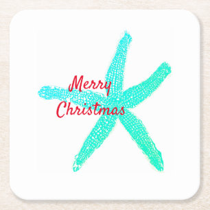 Posavasos Cuadrado De Papel Patrón Starfish Verde Rojo Azul Azul Feliz Navidad