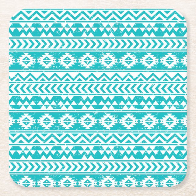 Posavasos Cuadrado De Papel Patrón tribal azteca Verde azulado (Anverso)