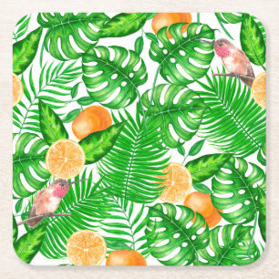 Posavasos Cuadrado De Papel Patrón tropical, colibríes II