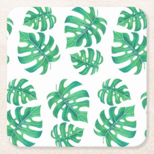 Posavasos Cuadrado De Papel Patrón tropical con hojas de monstera
