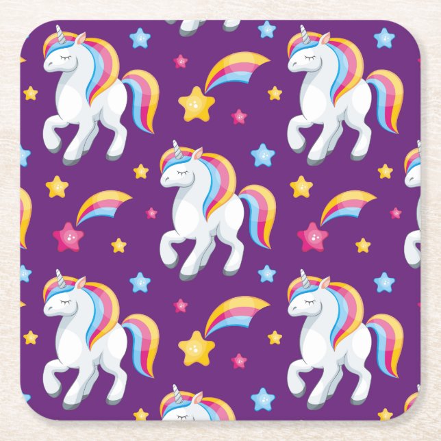 Posavasos Cuadrado De Papel Patrón unicornio de caballo mágico (Anverso)