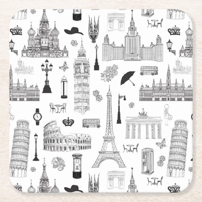 Posavasos Cuadrado De Papel Patrón Vacaciones En Europa (Anverso)