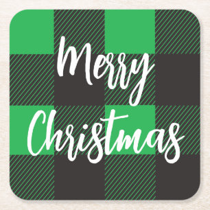 Posavasos Cuadrado De Papel Patrón verde plastificado Feliz Navidad