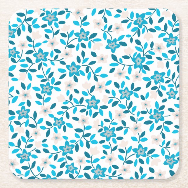 Posavasos Cuadrado De Papel Patrones de flores de primavera sin costura azul b (Anverso)