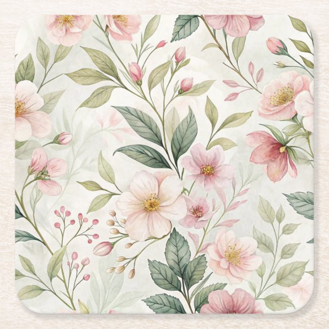 Posavasos Cuadrado De Papel Patrones de flores pastel rosa lindo (Anverso)