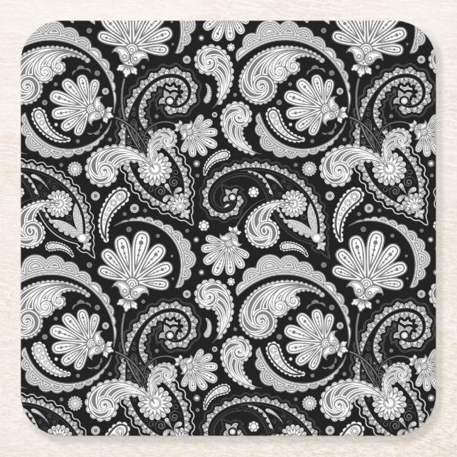 Posavasos Cuadrado De Papel Patrones de paisajes blancos negros de época (Anverso)