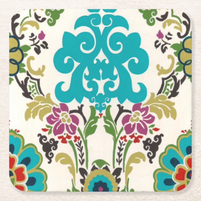 Posavasos Cuadrado De Papel Patrones florales Damask Plum Turquoise (Anverso)