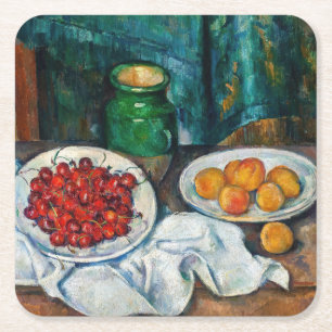 Posavasos Cuadrado De Papel Paul Cezanne - Bodegón con cerezas y melocotones