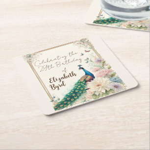 Posavasos Cuadrado De Papel Pavo real azul en FIESTA Pastel de Flores