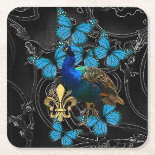Posavasos Cuadrado De Papel Pavo real y mariposas góticos