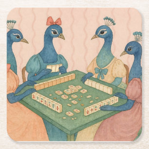 Posavasos Cuadrado De Papel Pavos Reales Vintage Jugando Mahjong