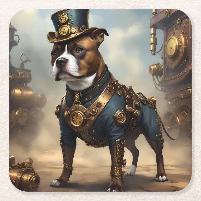 Posavasos Cuadrado De Papel Paws mecánicos: Steampunk Staffordshire Terrier