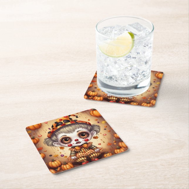 Posavasos Cuadrado De Papel Payaso de Halloween 2 (In situ)