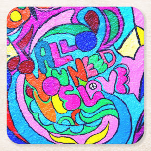 Posavasos Cuadrado De Papel paz y amor maravillosos coloridos