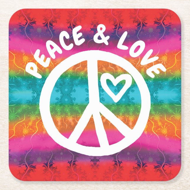 Posavasos Cuadrado De Papel Peace and Love Tie Dye Stripes (Anverso)