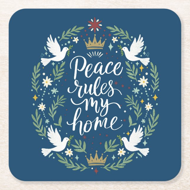 Posavasos Cuadrado De Papel Peace Rules My Home (Anverso)