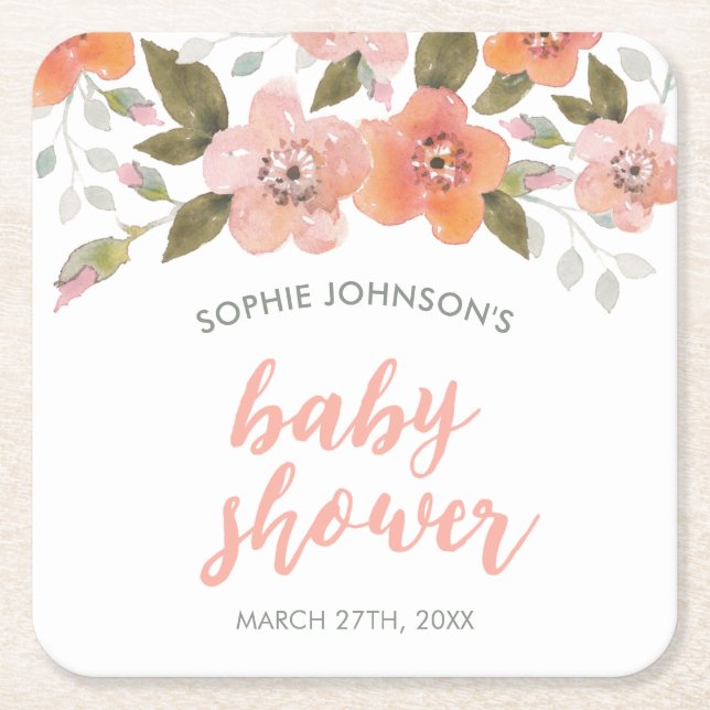 Posavasos Cuadrado De Papel Peach Delicate Floral Baby Shower (Anverso)